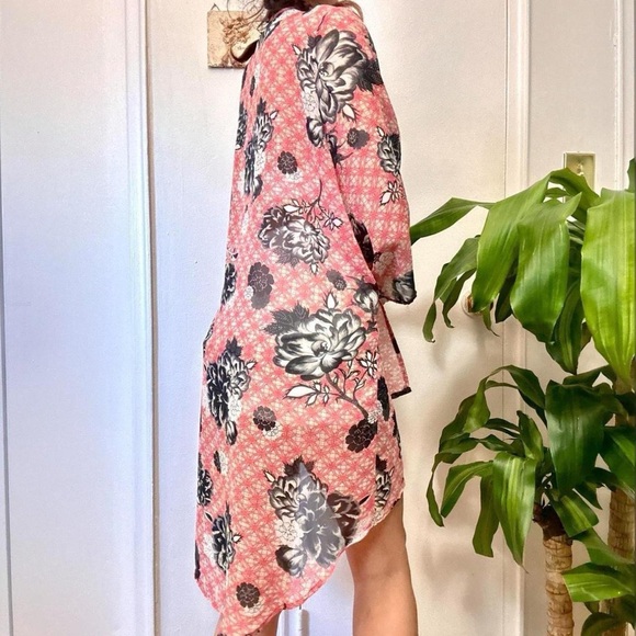 πBohemian Floral Chiffon Kimono Wrap Open Front In Coral Tones Size Small - Picture 3 of 8